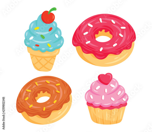 Assorted sweet dessert collection with donuts, ice cream cone, and cupcake on white background