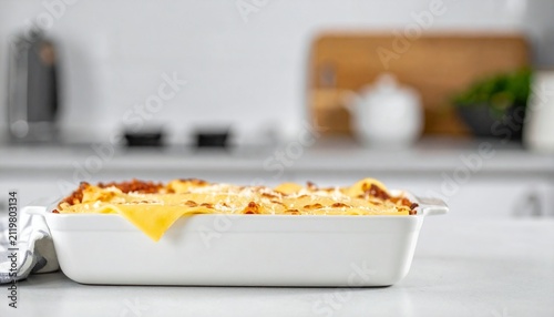 Delicious homemade lasagna in a ceramic baking dish, ready to be served in a modern kitchen