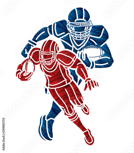 American Football Sport Players Mix Action Cartoon Graphic Vector