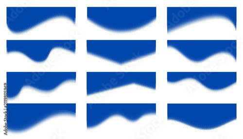 Modern shape header with flowing wave curves and elegant blue halftone dotted gradient for website banners, business presentations and corporate page layouts. Abstract vector borders on white