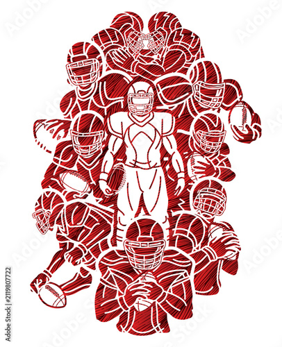 American Football Sport Team Group of Players Mix Action Cartoon Silhouette Graphic Vector