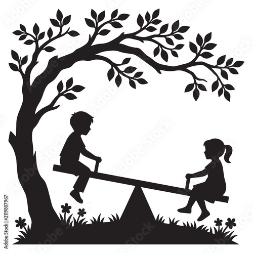 Obraz na plátne Beautiful black silhouette of a boy and girl playing on a see-saw under a tree