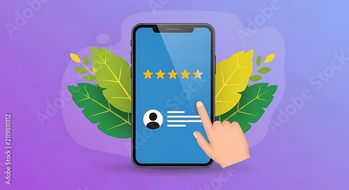 User giving high rating review on mobile phone screen illustration with floral background.