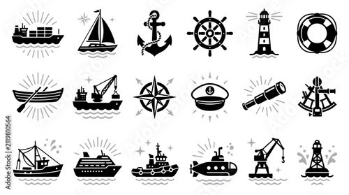 Black nautical and maritime icon set featuring ships, anchor, lighthouse, compass and helm, illustrating ocean transportation graphic design, representing marine logistics branding