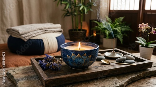 Cozy home spa setup with candles and natural relaxation elements.