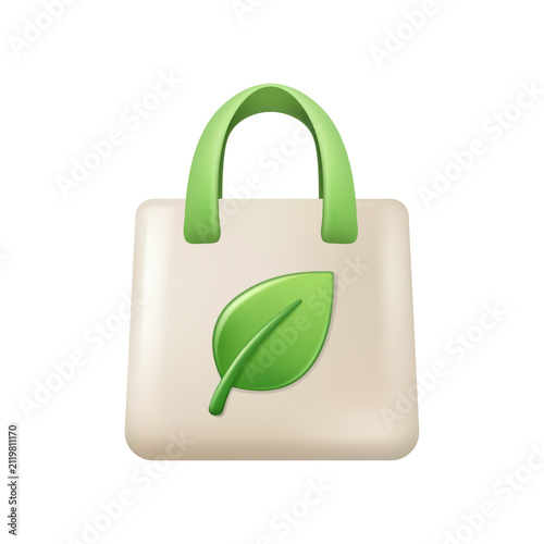 3D vector of an eco-friendly shopping tote bag with a green leaf symbol isolated on a white background. Reusable eco bag for grocery and market.