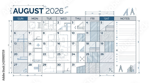 August 2026 Blueprint Calendar with Architectural Plans