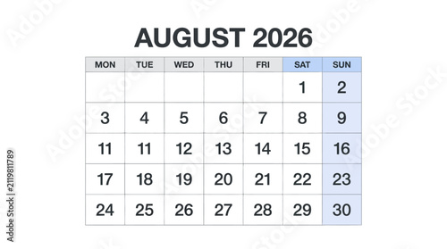 August 2026 Calendar Grid