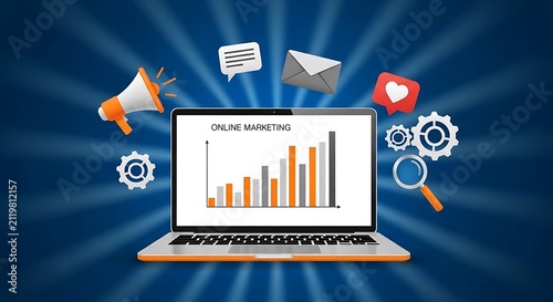 Digital growth and online marketing strategy conceptual illustration on a laptop