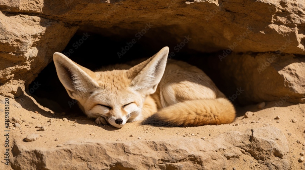 Fototapeta premium Small desert fox slepic soundly in sandy cave opening. Its large ears rest, fur blends with arid environment. Animal finds shelter from sun in rocky den.