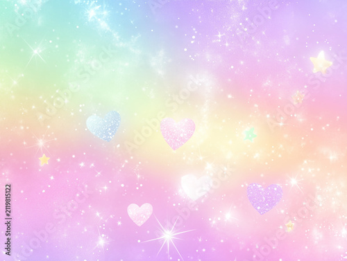 A dreamlike pastel rainbow background featuring soft bokeh lights shining stars and romantic heart shapes with bright magical sparkle effects