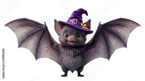 Cute cartoon bat wearing a purple witch hat isolated on transparent background