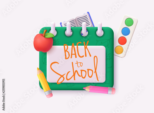Back to School Calendar with Apple, Book, Pencils and Paint Palette