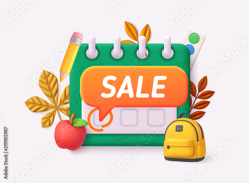 Back to School Sale Calendar with Backpack and Autumn School Supplies