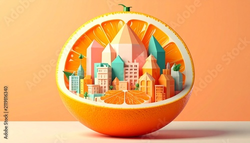Miniature City Inside a Sliced Orange Fruit Concept.