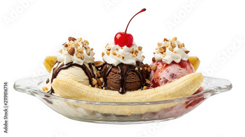 Classic banana split sundae with three scoops of ice cream isolated on transparent background