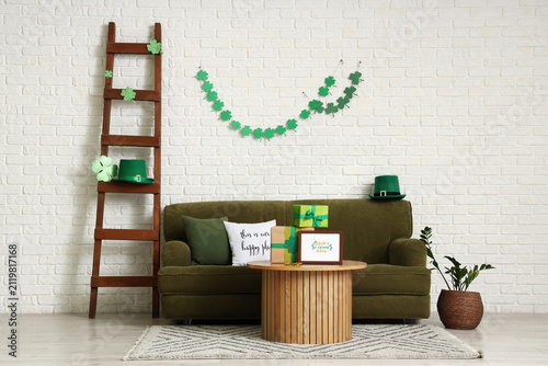 Interior of festive living room decorated for St. Patricks Day celebration wi...