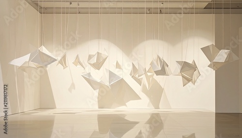 Abstract Geometric Paper Sculptures in Modern Gallery Space.