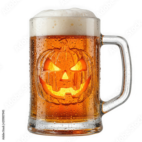 A glass mug of beer with a carved jackolantern pumpkin face design, isolated on transparent background