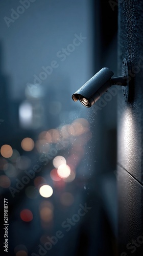 Wet outdoor security camera shedding rain above a blurred city street, ideal for durable surveillance, urban safety and severe weather concepts.