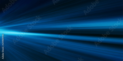 Fotografía Abstract blue light streaks with a vibrant glow emanating from a bright source in the distance, creating a sense of speed and futuristic technology