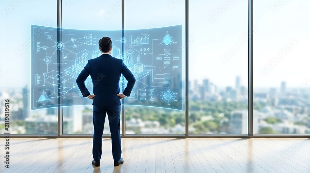 Fototapeta premium Futuristic businessman analyzing virtual data screen in modern office, corporate leader looking at digital interface with city view background