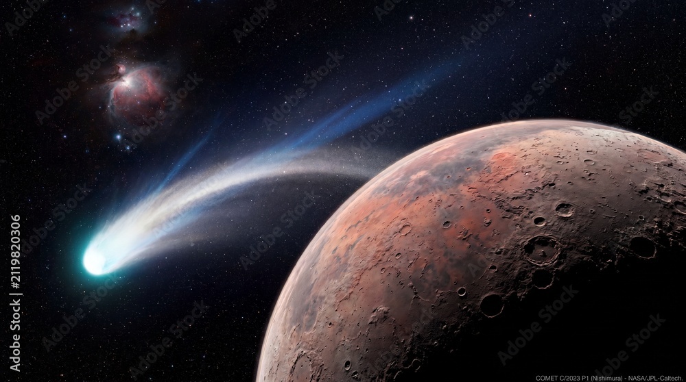 Naklejka premium A glowing comet streaks through the dark cosmos past the cratered surface of a red rocky planet.