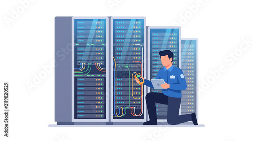 IT technician working on server racks in data center.