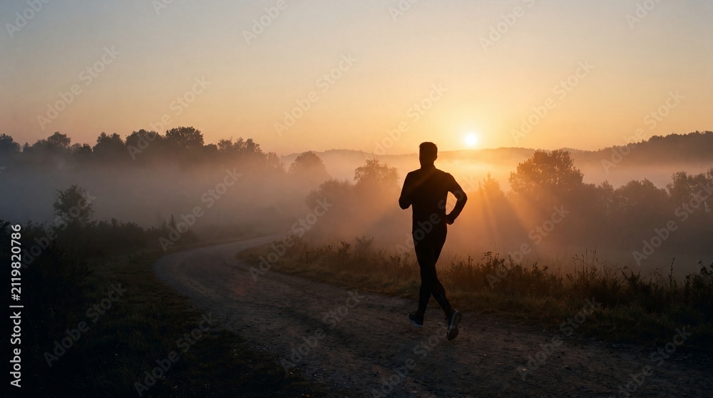 Fototapeta premium A lone runner jogging along a misty dirt path during a beautiful and serene golden sunrise morning.