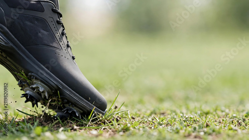Close up side view of a professional golfer stepping on the green grass course while wearing spiked performance sports shoes during a match