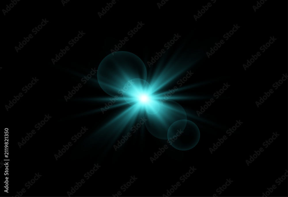 Obraz premium Radiant turquoise starburst with sparkling details, sharp glowing beams and a luminous soft halo creating a dynamic light flare on black background.
