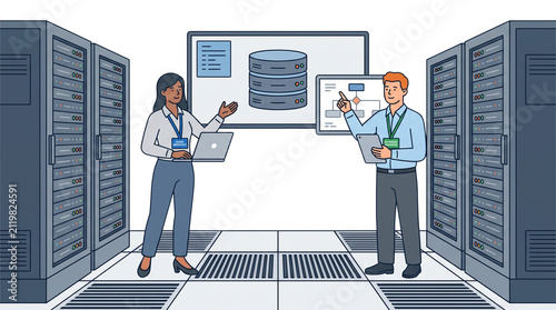 IT professionals discussing data servers in a data center with digital displays.