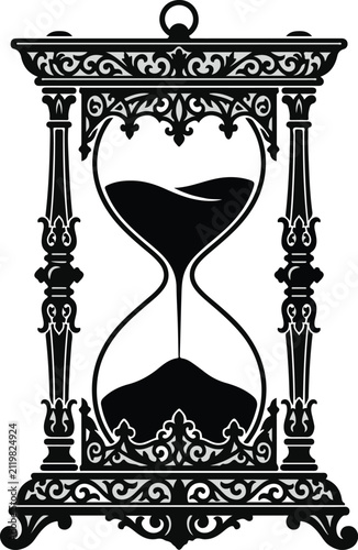 Fotografie Ornate hourglass with sand flowing from the upper to the lower chamber is depicted as a decorative vintage timekeeping device