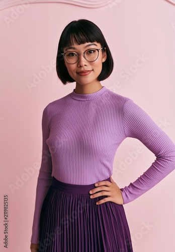 Smiling Woman in Purple Sweater and Pleated Skirt on Pink Background