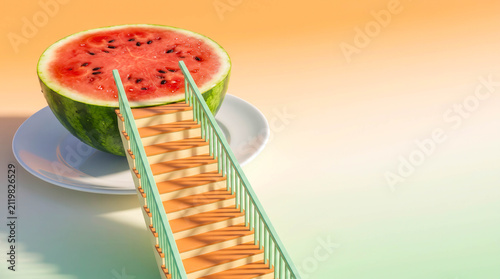 Surreal concept featuring a staircase leading into a giant watermelon, symbolizing healthy living, curiosity, imagination, and creative exploration.