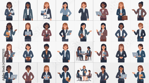 Sleek Collection of Diverse Professionals in Modern Business Attire with Various Actions and Devices