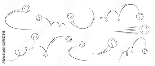 Hand drawn tennis sports ball vector set with dynamic motion, flying and bouncing line art illustrations for games, recreation and fitness.