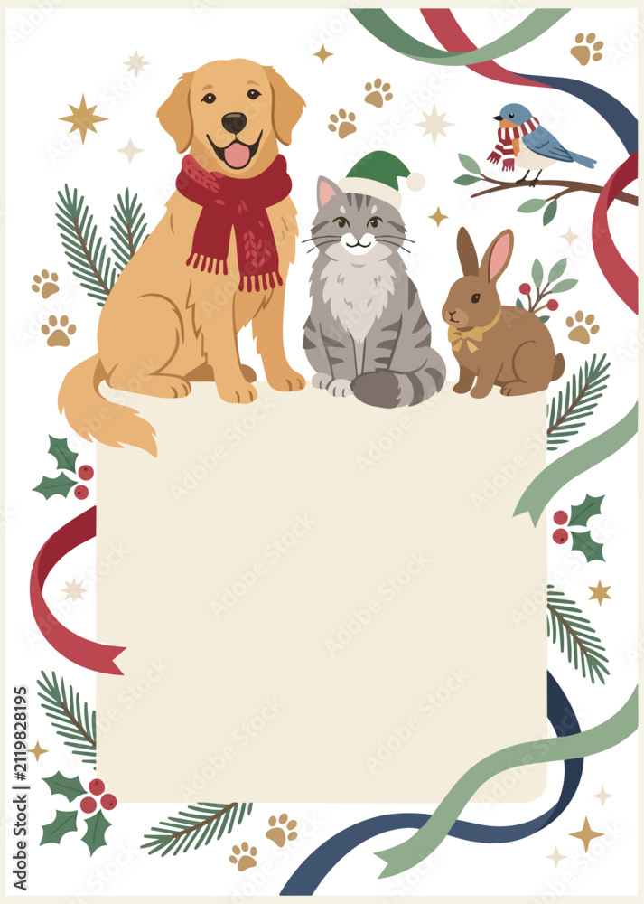 Naklejka premium Christmas pet frame with dog, cat, rabbit, festive greenery, ribbons, paw prints, and blank space, ideal for holiday cards, pet posters, invitations, stickers, and seasonal animal designs.