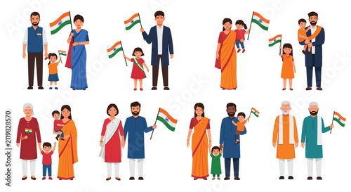 Diverse Indian families and proud citizens celebrate national holidays holding flags.