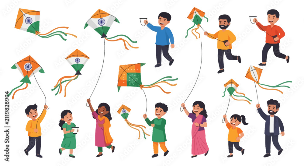 Fototapeta premium Joyful diverse families flying colorful kites with Indian flag designs outdoors.
