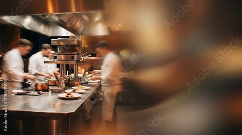 Professional chefs cooking in busy restaurant commercial kitchen, blurred motion of culinary team preparing gourmet dishes at stainless steel counter, fine dining gastronomy atmosphere.