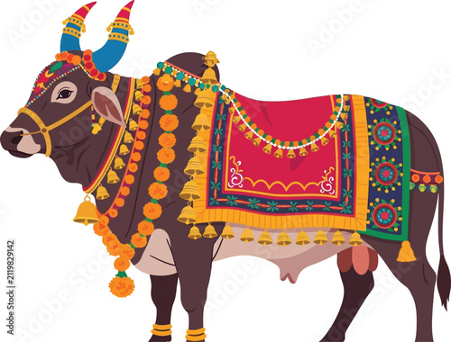 Decorated Indian bull stands adorned with festive embellishments for traditional cultural celebration.