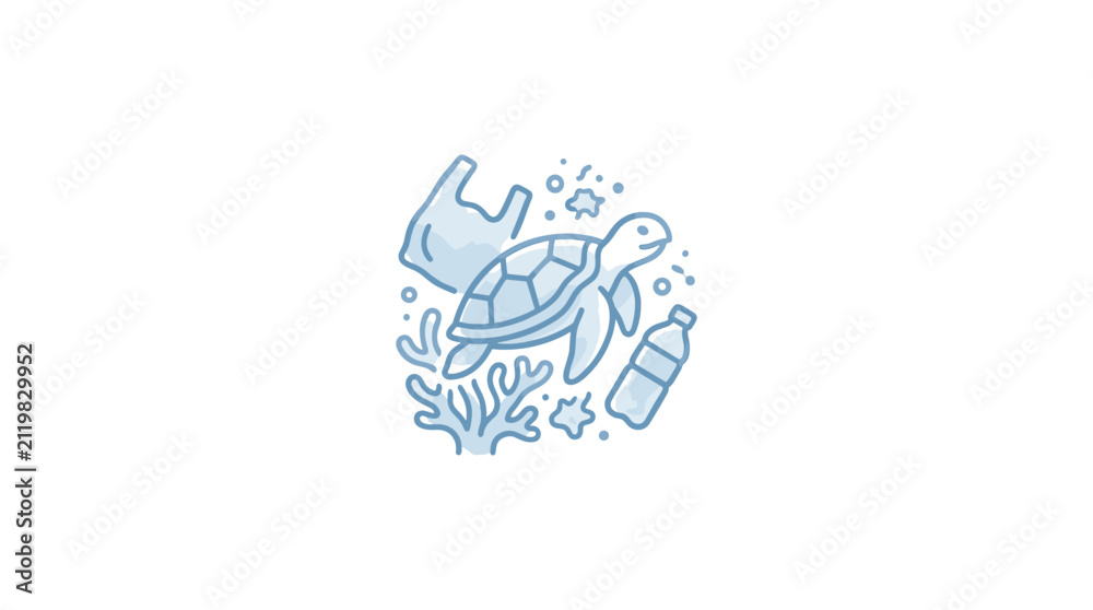 Fototapeta premium Sea Turtle Swims Among Ocean Plastic Pollution 1.