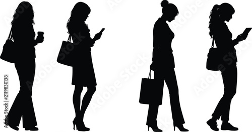 Businesswoman Shopping Silhouette Collection with Smartphone Coffee Cup and Handbag Isolated on White