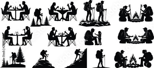 Canvastavla Camping and Outdoor Adventure Silhouette Icon Set Featuring Hiking Couples Campf