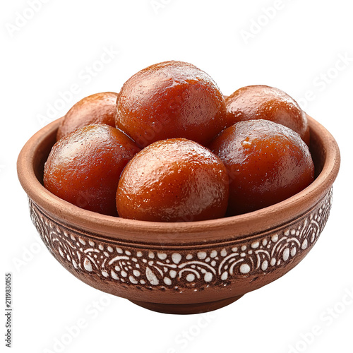 Clay bowl with gulab jamun isolated on transparent background