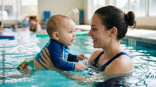 Smiling mother holding cute baby during infant swimming lesson in indoor public pool. Happy mom teaching her little child how to swim in water splash, family active lifestyle concept.