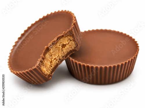 Two Milk Chocolate Peanut Butter Cups Isolated on White Background Delicious Confectionery Treat