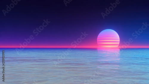 80s inspired planetary scenery with vibrant neon sunset over calm ocean reflecting colorful light creating dreamy atmosphere