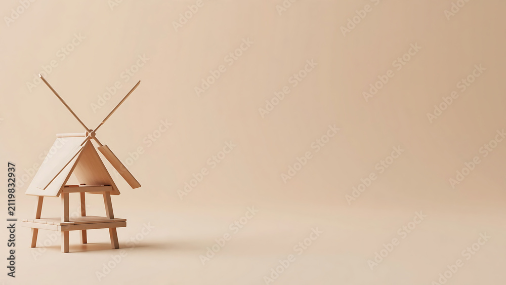 Obraz premium Minimalist Miniature Wooden Windmill Architecture Model on Neutral Beige Background